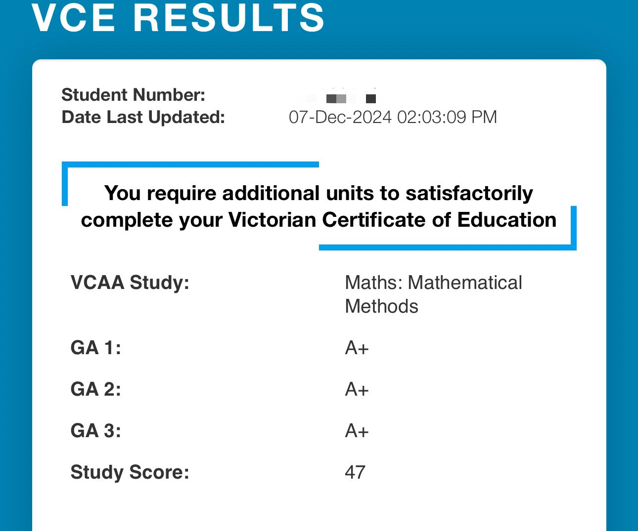 VCE Maths Student Success