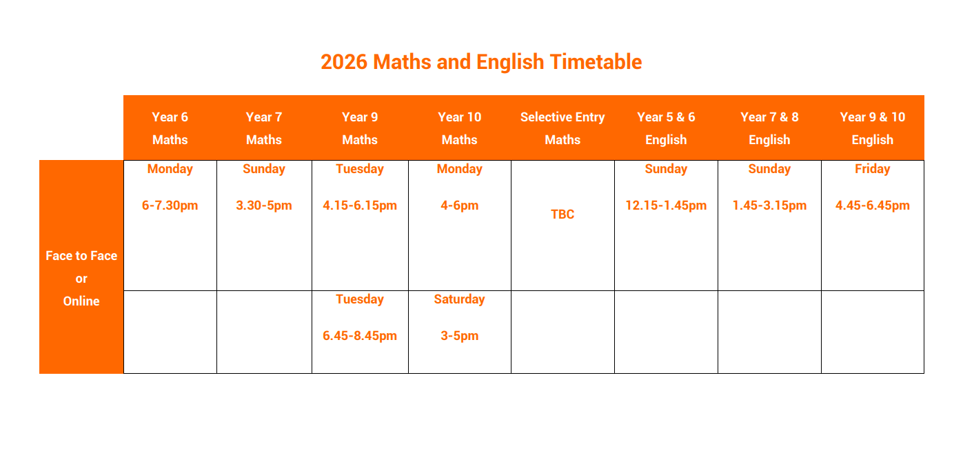 VCE Maths and English Timetable 2026